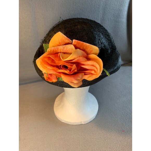 Abramson's Ladies Black Hat with Silk Flower and Velvet Button Vintage - Picture 2 of 10